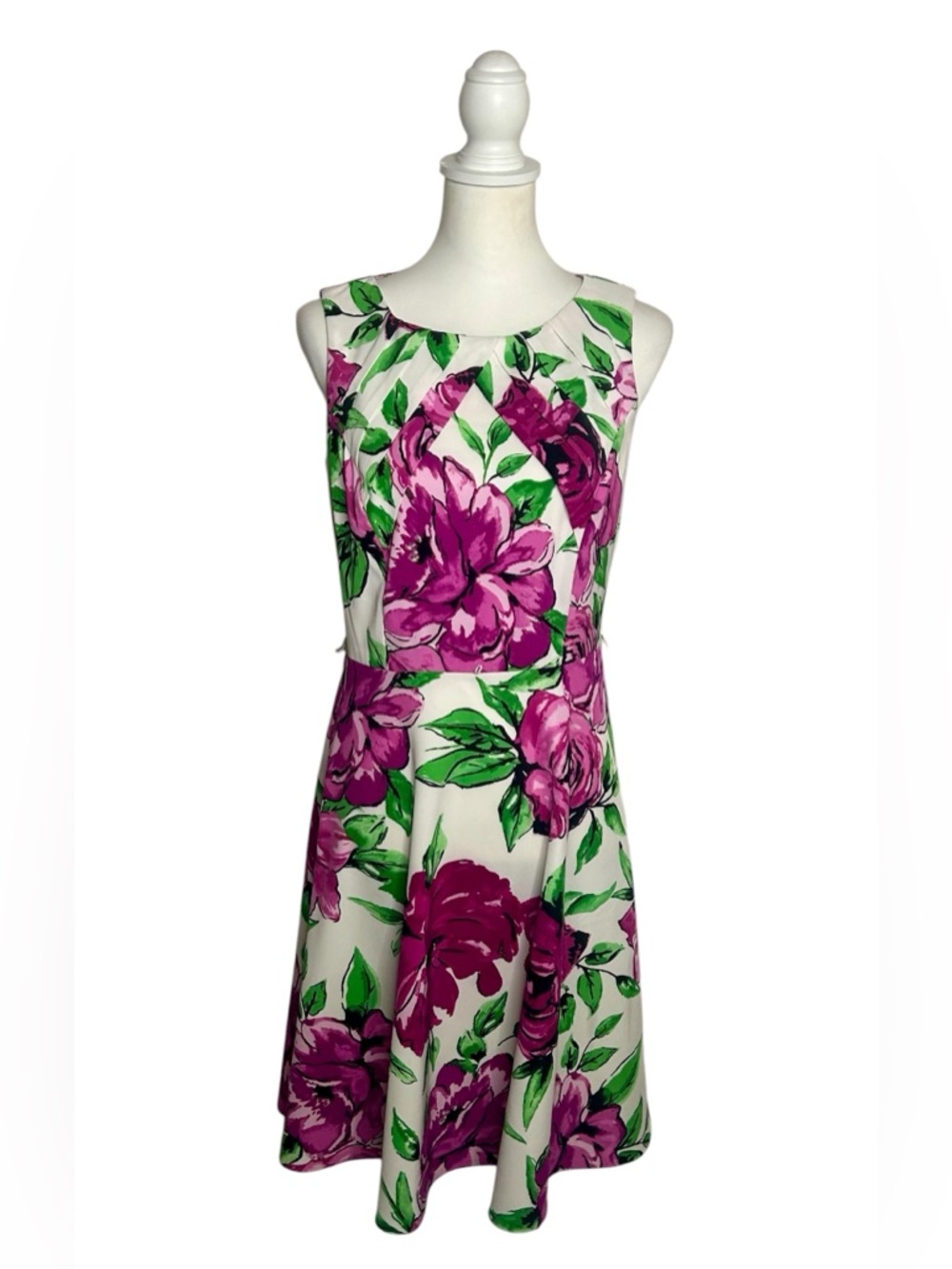 Alyx EUC White Midi Dress with Magenta Floral Print Sz 10 Fit and Flare Skater